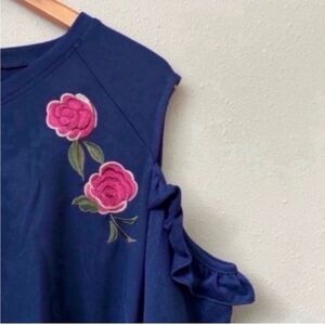 Plus Size Navy Blue Floral Sweatshirt Cold Shoulder